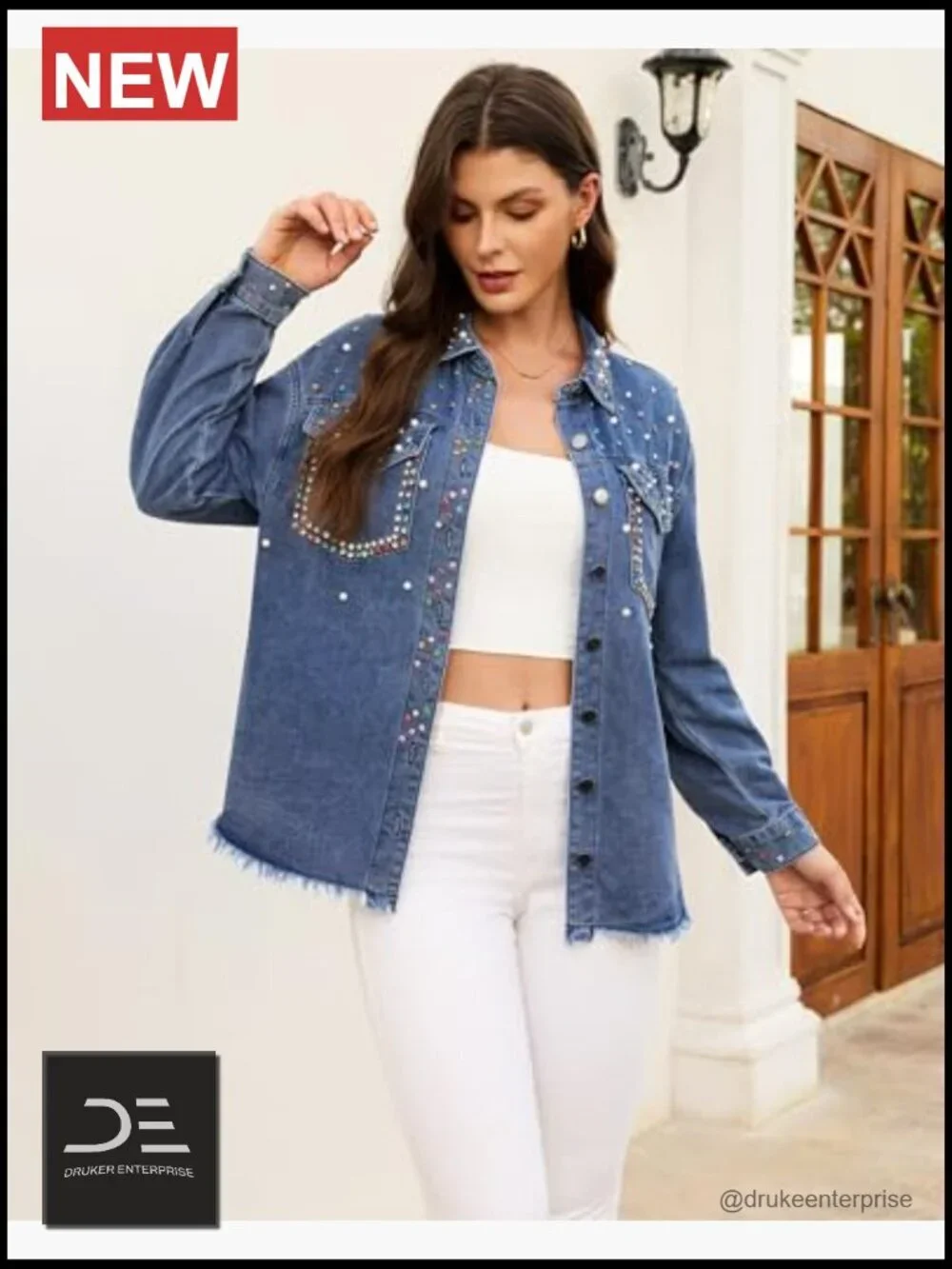 Embellished Rhinestone Pearl Denim Jacket Oversized Frayed Hem Pockets